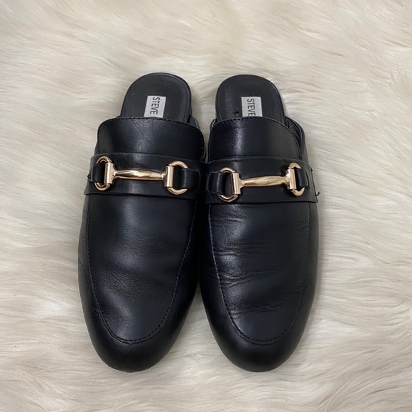 Steve Madden Black Leather Horsebit Loafers Mules - Picture 3 of 9